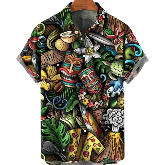 GarbPlanet 2024 Tiki Men's Shirts Streetwear Beach Male Top Short Sleeve Skull 3d Hawaiian Shirt Man Oversized Summer Casual Shirt For Men