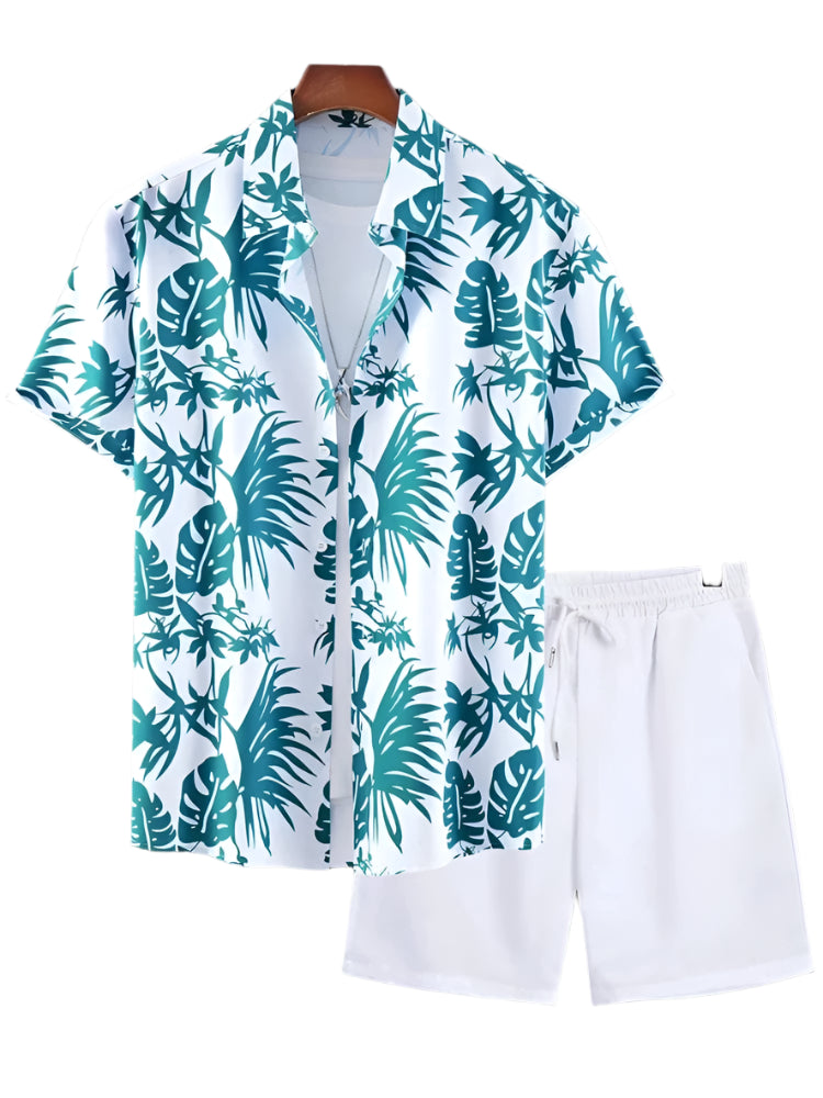 GarbPlanet A19TZZ3G2429131 / S New Palm Leaf Print Men's Short Sleeve Shirt + Beach Shorts Set Summer Fashion Men's Casual Shirt Hawaiian Men's Sports Shorts