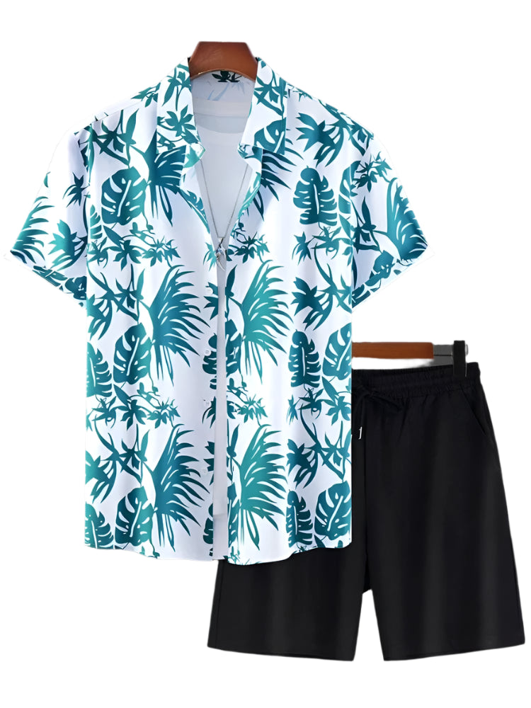 GarbPlanet A19TZZ3G2429132 / S New Palm Leaf Print Men's Short Sleeve Shirt + Beach Shorts Set Summer Fashion Men's Casual Shirt Hawaiian Men's Sports Shorts