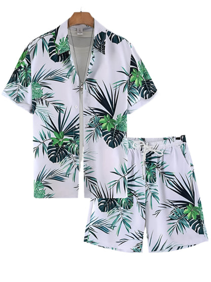 GarbPlanet A19TZZ3G2429133 / S New Palm Leaf Print Men's Short Sleeve Shirt + Beach Shorts Set Summer Fashion Men's Casual Shirt Hawaiian Men's Sports Shorts