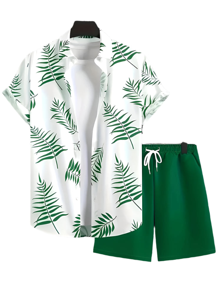 GarbPlanet A19TZZ3G2429135 / S New Palm Leaf Print Men's Short Sleeve Shirt + Beach Shorts Set Summer Fashion Men's Casual Shirt Hawaiian Men's Sports Shorts