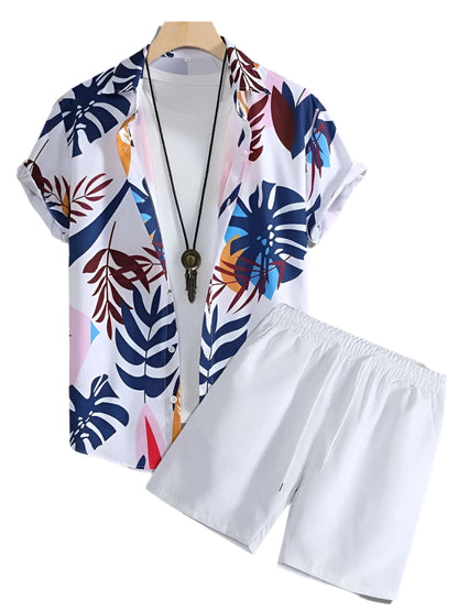 GarbPlanet A19TZZ3G242913A / S New Palm Leaf Print Men's Short Sleeve Shirt + Beach Shorts Set Summer Fashion Men's Casual Shirt Hawaiian Men's Sports Shorts