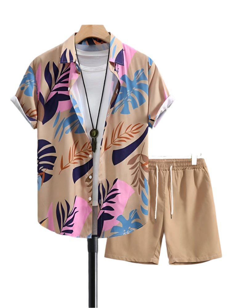 GarbPlanet A19TZZ3G242913B / S New Palm Leaf Print Men's Short Sleeve Shirt + Beach Shorts Set Summer Fashion Men's Casual Shirt Hawaiian Men's Sports Shorts