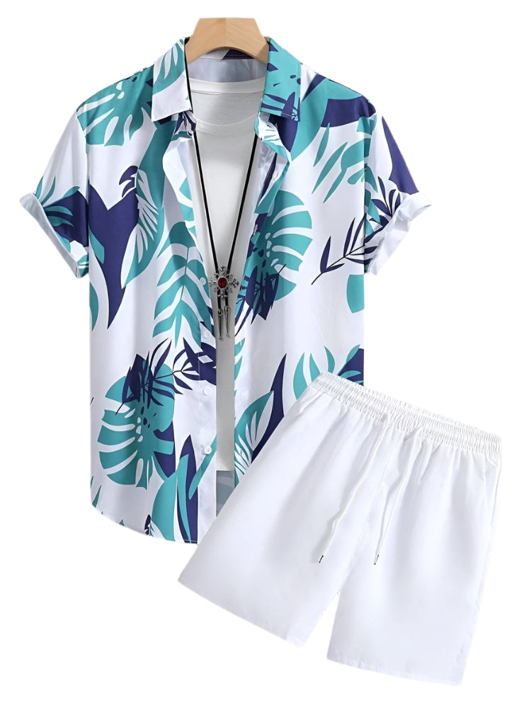 GarbPlanet A19TZZ3G242913C / S New Palm Leaf Print Men's Short Sleeve Shirt + Beach Shorts Set Summer Fashion Men's Casual Shirt Hawaiian Men's Sports Shorts