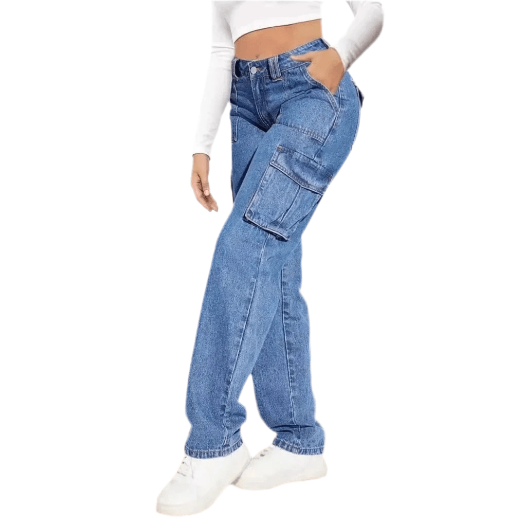 GarbPlanet American Retro Mid-waist Multi-pocket Cargo Pants Jeans, Women's Casual Loose Straight Long Pants, Patchwork Jeans,Spring Autumn