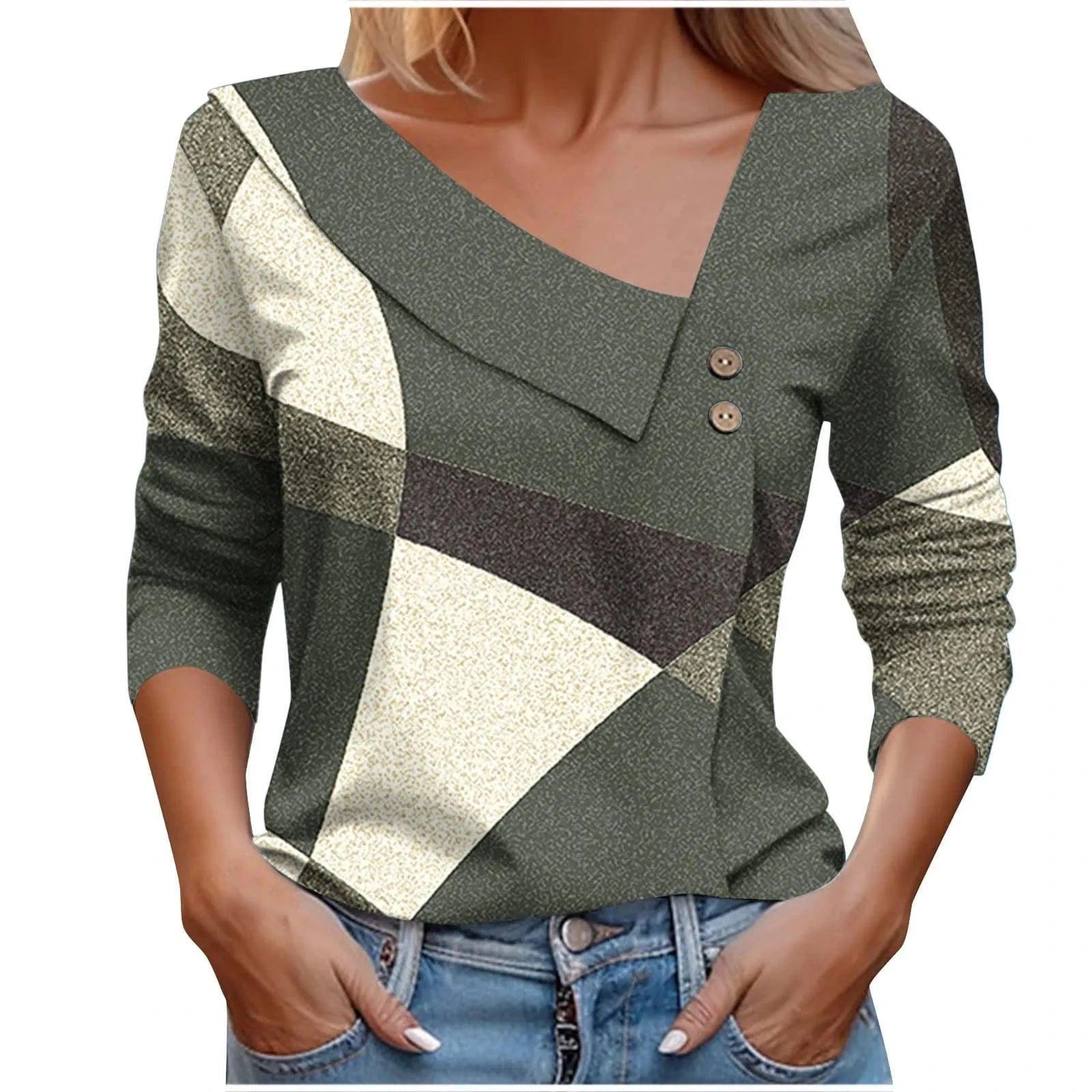 GarbPlanet army green / L 3D Geometric Print T Shirts For Women 2024 Spring Autumn Fashion Button Long Sleeve T Shirt Casual T-shirt Tops Office Ladies