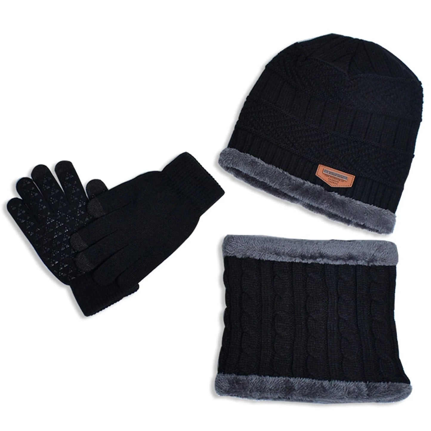 GarbPlanet Black 3 In 1 Winter Beanie Scarf And Gloves Set