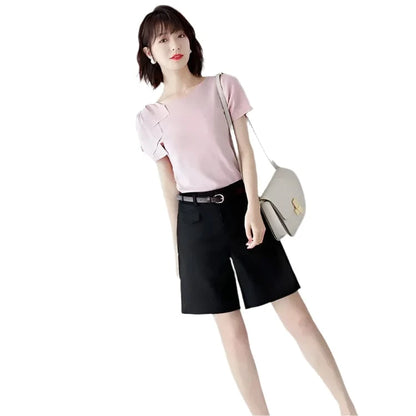 GarbPlanet Black + Belt / S Women's Tailored Knee-Length Shorts