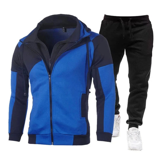 GarbPlanet Blue / L Autumn New Double Zipper Two Pieces Set Men Tracksuit Men Sportswear Male Hoodie Jacket + Pants Youth outdoors casual Sweat suit