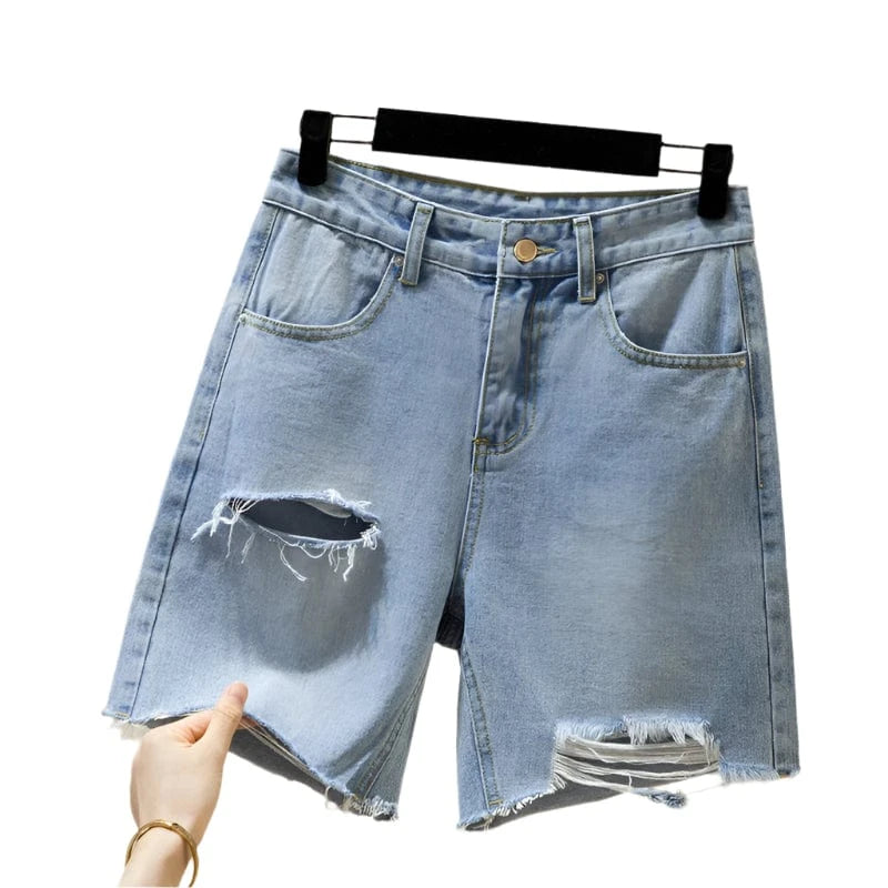 GarbPlanet Blue / M Women's Denim Ripped Loose Shorts