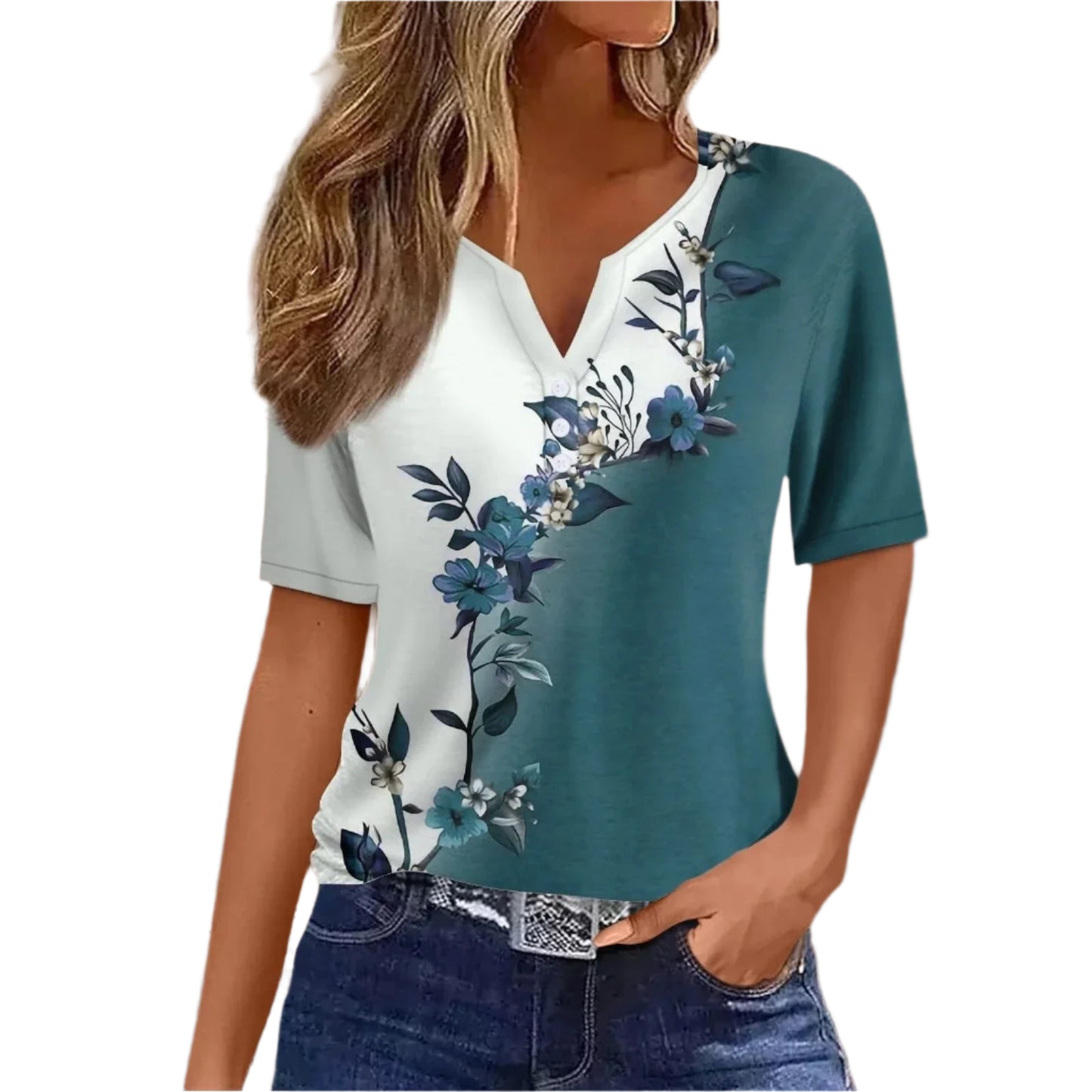 GarbPlanet Blue / S 2024 Women Summer Casual T-shirts Fashion Printed Harajuku Top Tees Streetwear Basic Button Short Sleeve V-Neck Tops Plus Size