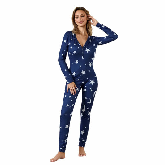 GarbPlanet Blue / S Women's Printed Long Sleeve Rompers