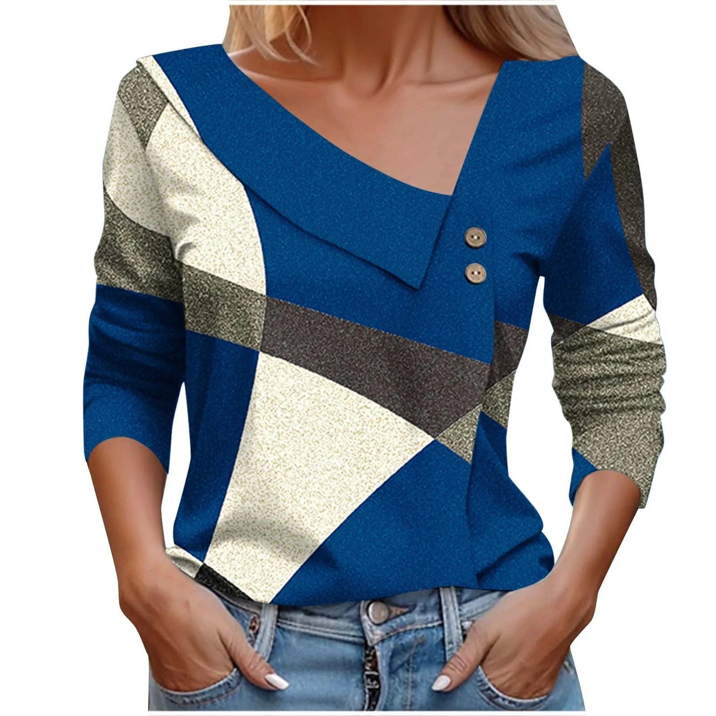 GarbPlanet Blue / XXL 3D Geometric Print T Shirts For Women 2024 Spring Autumn Fashion Button Long Sleeve T Shirt Casual T-shirt Tops Office Ladies