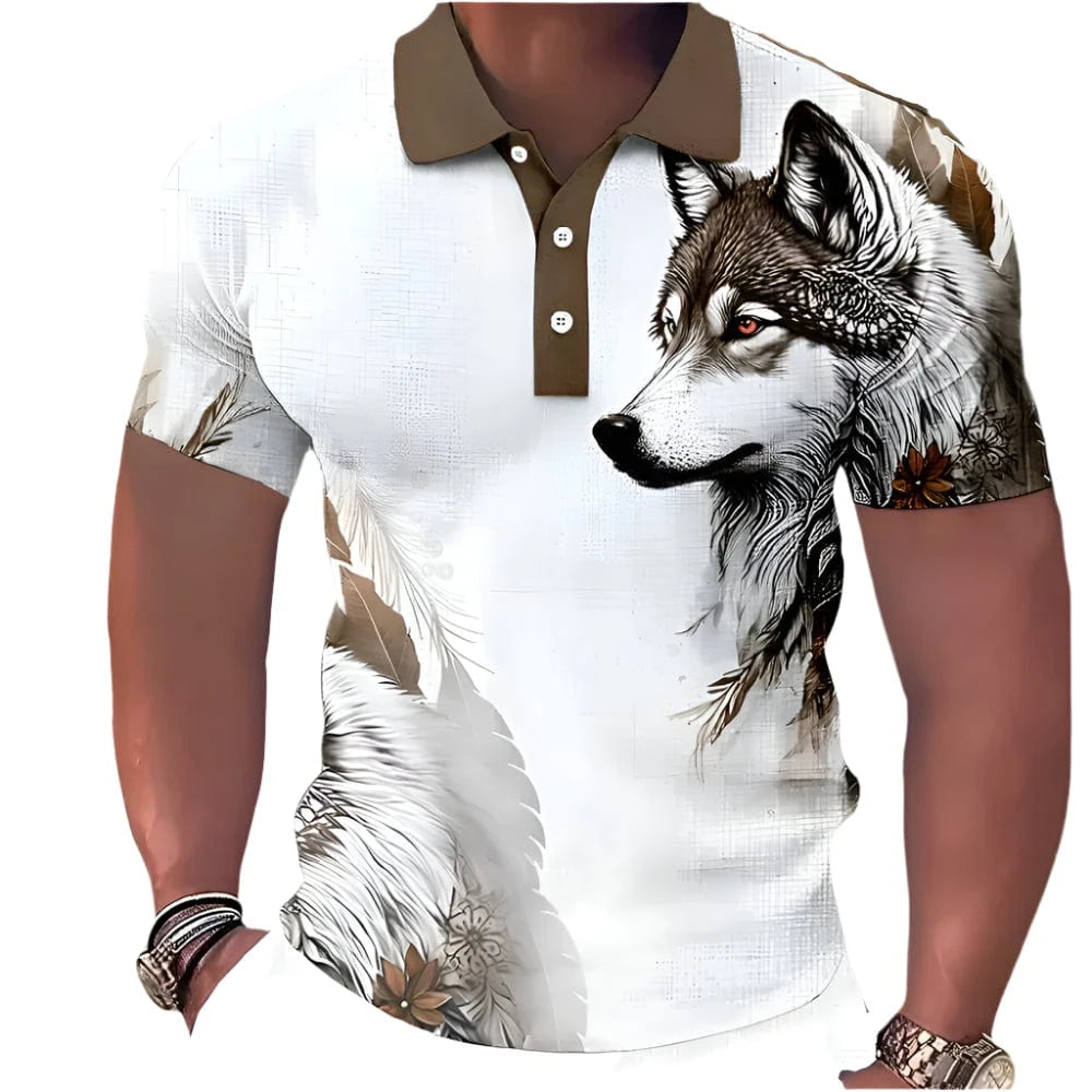 GarbPlanet Brown / S Men's Animal Wolf 3D Print Polo Shirt