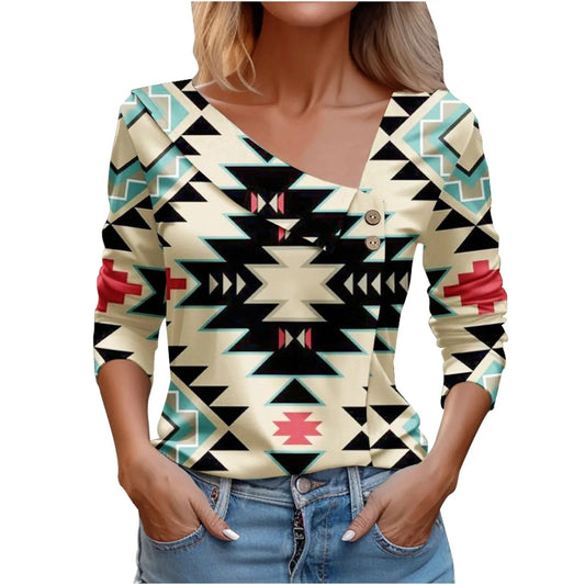 GarbPlanet Brown / XXL 3D Geometric Print T Shirts For Women 2024 Spring Autumn Fashion Button Long Sleeve T Shirt Casual T-shirt Tops Office Ladies