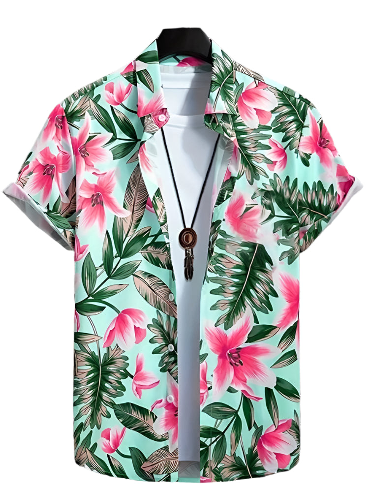 GarbPlanet BSLTH2411564411 / M Summer 3D Palm Leaf Floral Print Men's Lapel Shirt Men's Fashion Streetwear T Shirt Neutral Hawaiian Button Down Shirt Top