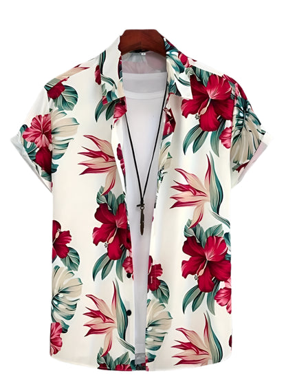 GarbPlanet BSLTH2411564412 / M Summer 3D Palm Leaf Floral Print Men's Lapel Shirt Men's Fashion Streetwear T Shirt Neutral Hawaiian Button Down Shirt Top