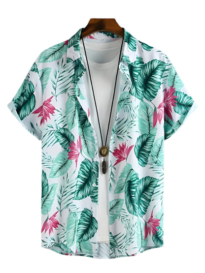 GarbPlanet BSLTH2411564414 / 3XL Summer 3D Palm Leaf Floral Print Men's Lapel Shirt Men's Fashion Streetwear T Shirt Neutral Hawaiian Button Down Shirt Top