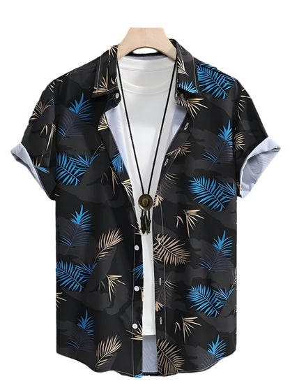 GarbPlanet BSLTH241156446 / 3XL Summer 3D Palm Leaf Floral Print Men's Lapel Shirt Men's Fashion Streetwear T Shirt Neutral Hawaiian Button Down Shirt Top