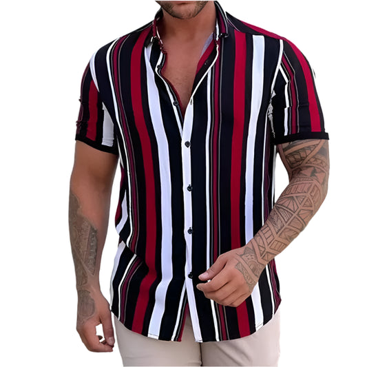 GarbPlanet CS2024TXX3489 / L New Men's Shirts Fashion Stripes Print Short-sleeved Tees Summer Tops Men Turn-down Collar Button Casual T-shirt Clothing