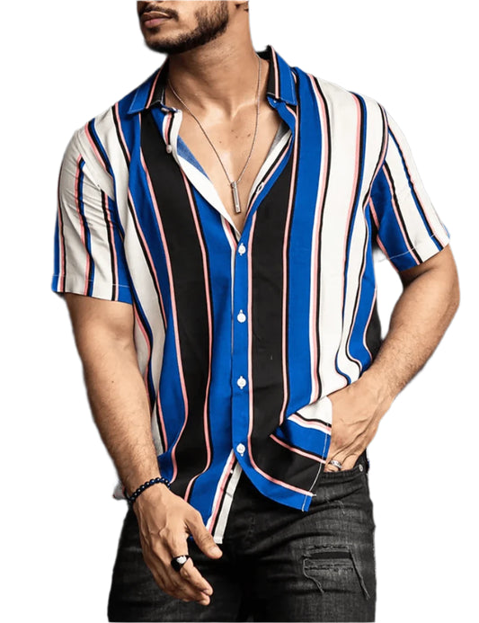 GarbPlanet CSZHD20242619R / XL Summer Fashion Men's Striped Shirts Button Short Sleeve Lapel Streetwear Hawaiian Basic Blouse Classic Shirts for Men Polyster