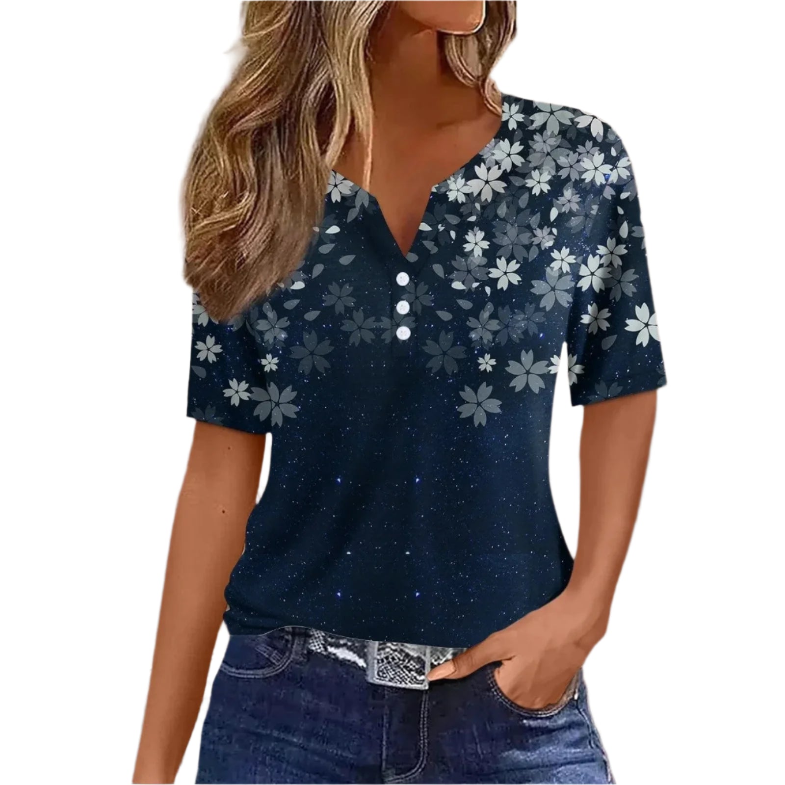 GarbPlanet Dark Blue / L 2024 Women Summer Casual T-shirts Fashion Printed Harajuku Top Tees Streetwear Basic Button Short Sleeve V-Neck Tops Plus Size