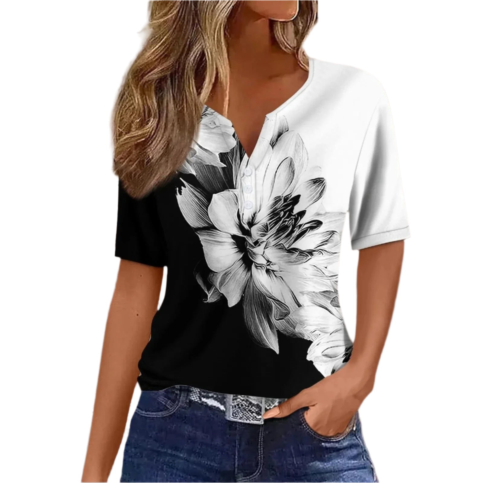 GarbPlanet Dark Gray / L 2024 Women Summer Casual T-shirts Fashion Printed Harajuku Top Tees Streetwear Basic Button Short Sleeve V-Neck Tops Plus Size