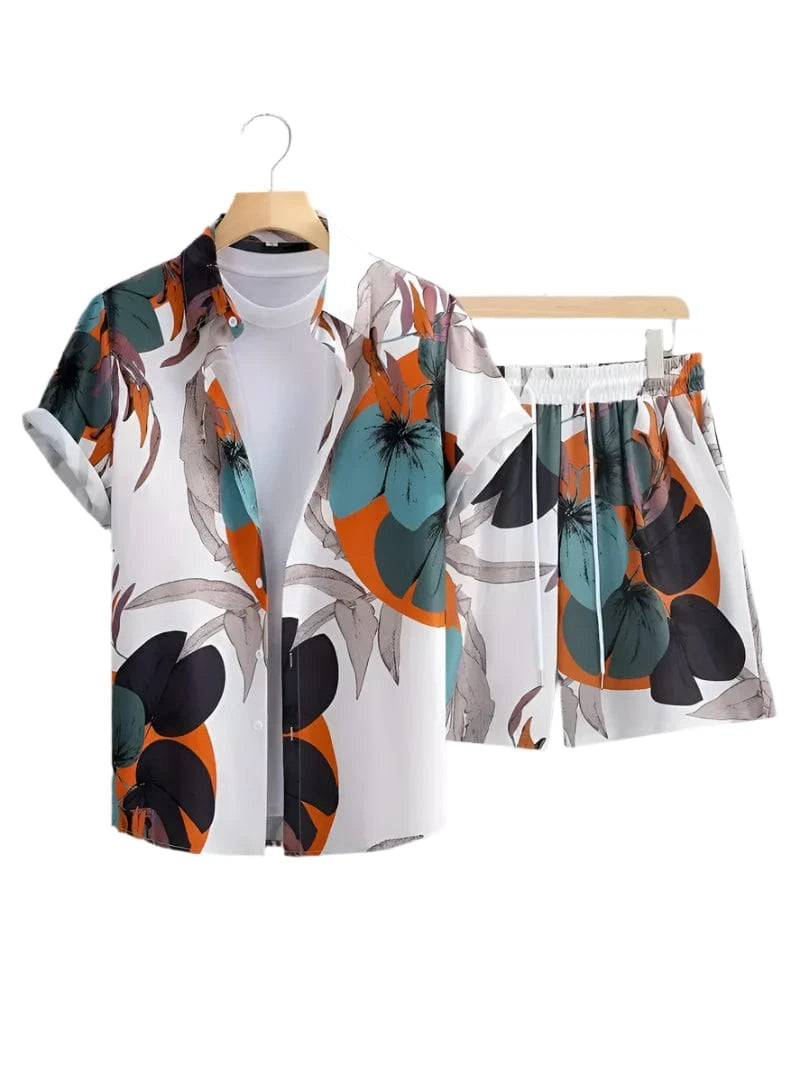 GarbPlanet Fourteen / S Men's Stylish Hawaiian Shirt And Shorts Set