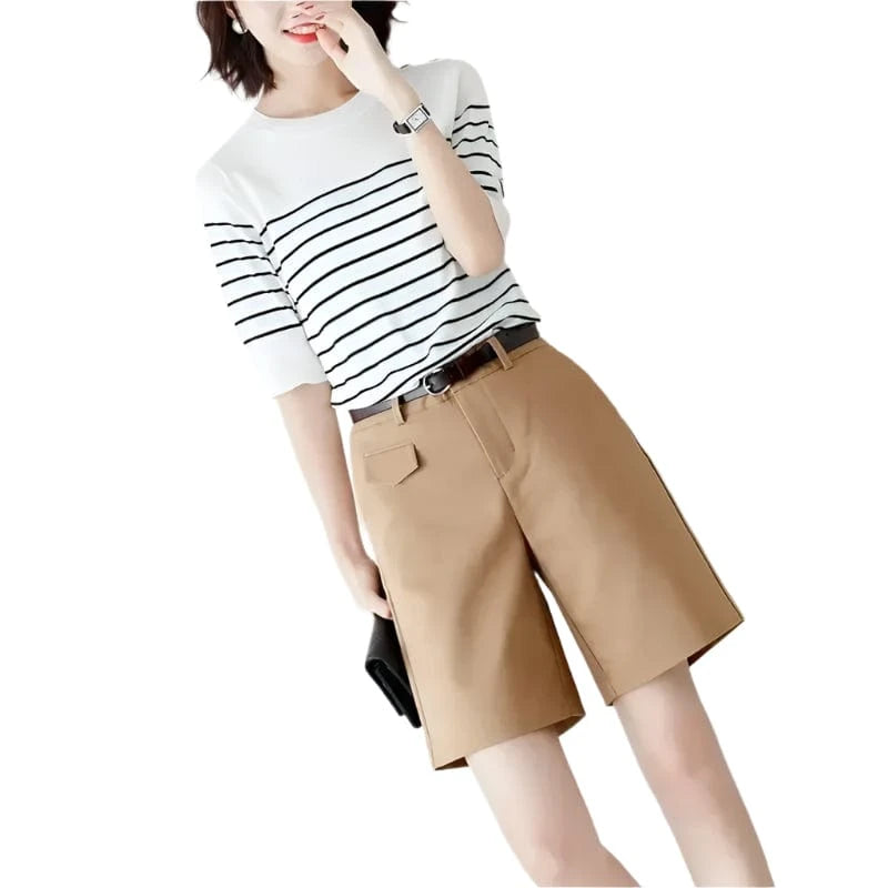 GarbPlanet Khaki + Belt / S Women's Tailored Knee-Length Shorts