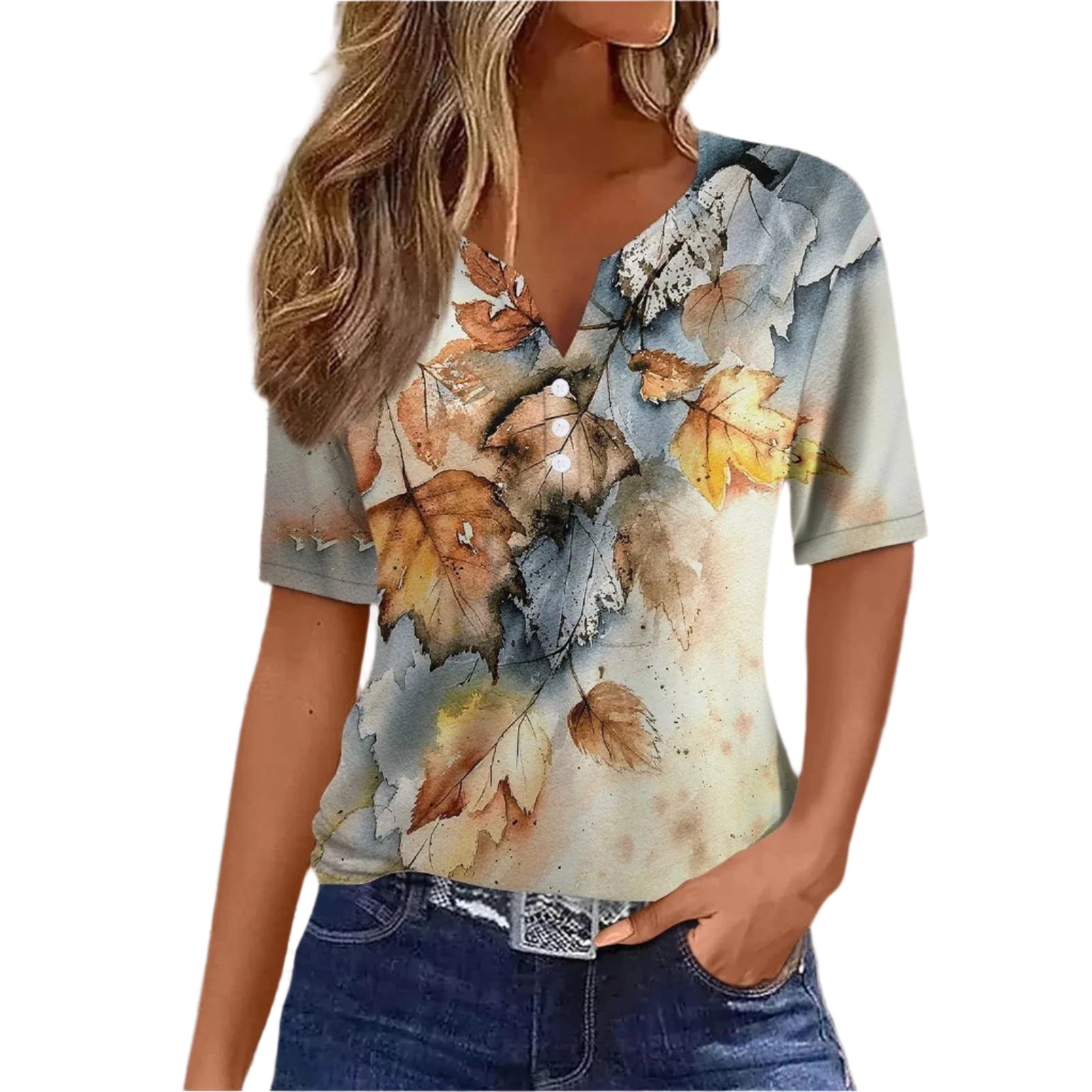 GarbPlanet Khaki / S 2024 Women Summer Casual T-shirts Fashion Printed Harajuku Top Tees Streetwear Basic Button Short Sleeve V-Neck Tops Plus Size