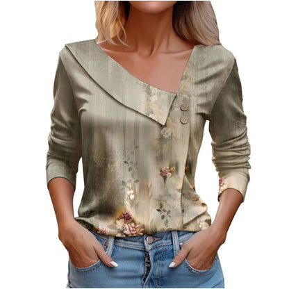 GarbPlanet Khaki / XXL 3D Geometric Print T Shirts For Women 2024 Spring Autumn Fashion Button Long Sleeve T Shirt Casual T-shirt Tops Office Ladies