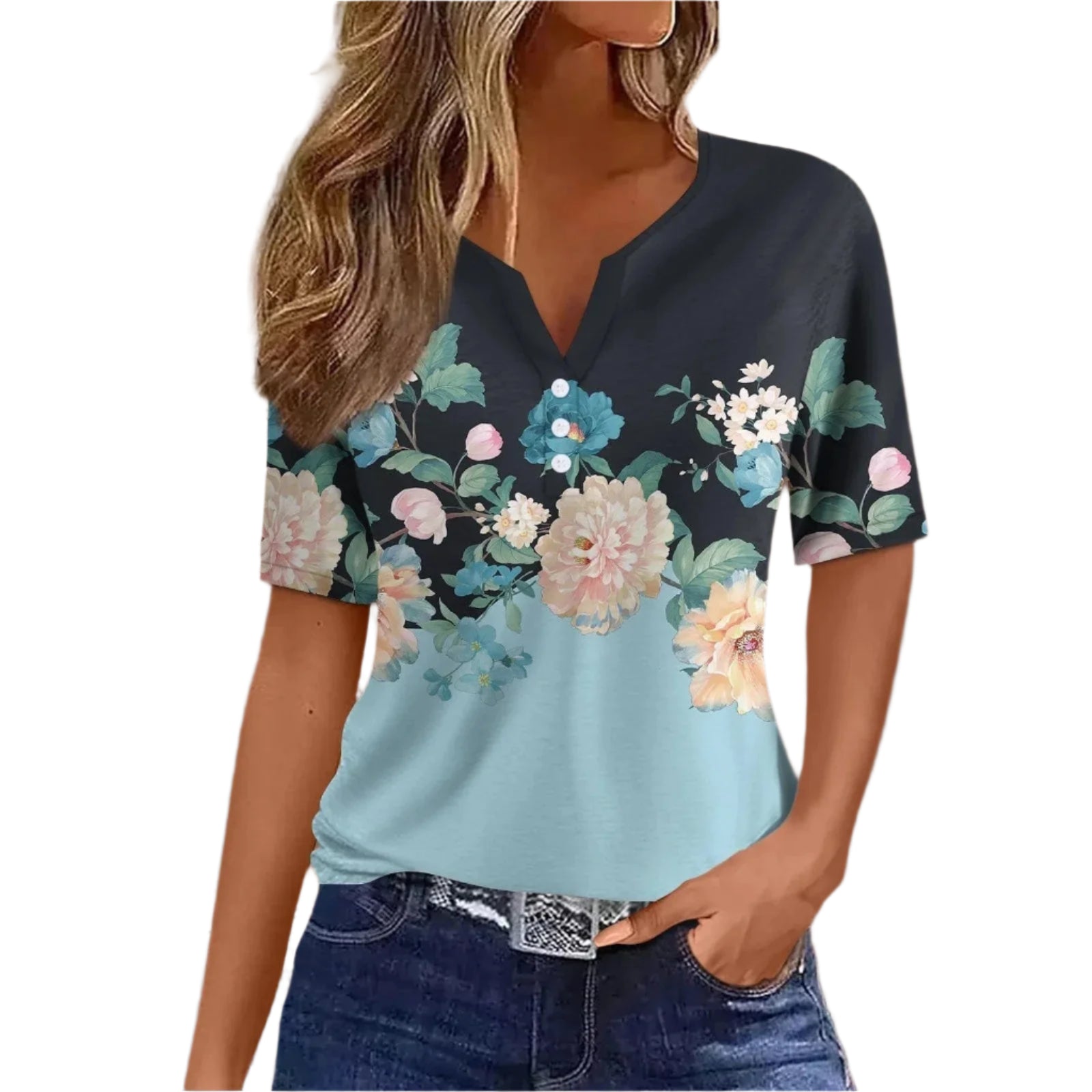 GarbPlanet Light Blue / L 2024 Women Summer Casual T-shirts Fashion Printed Harajuku Top Tees Streetwear Basic Button Short Sleeve V-Neck Tops Plus Size