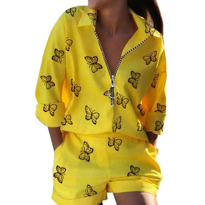 GarbPlanet Light Yellow / XL 2Pcs/Set Stylish Adults Shirt Shorts Suit Casual Womenswear Loose Feather Printed Ladies T-Shirt Top Pants Trousers Kit