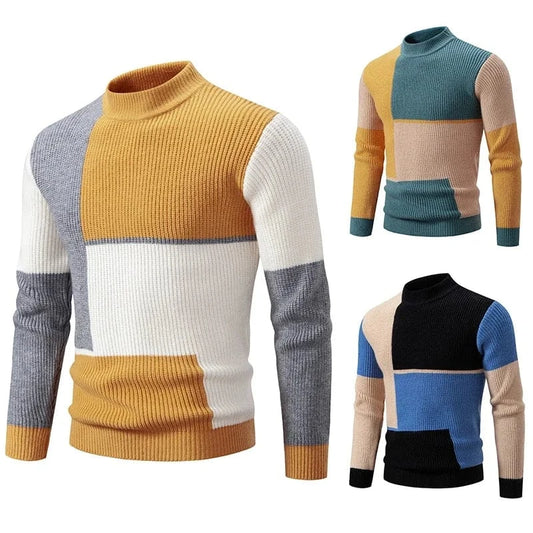 GarbPlanet Men's Fashion Multi-color Matching Woolen Sweater Casual Comfortable Turtleneck Long-sleeved Autumn and Winter Sweater