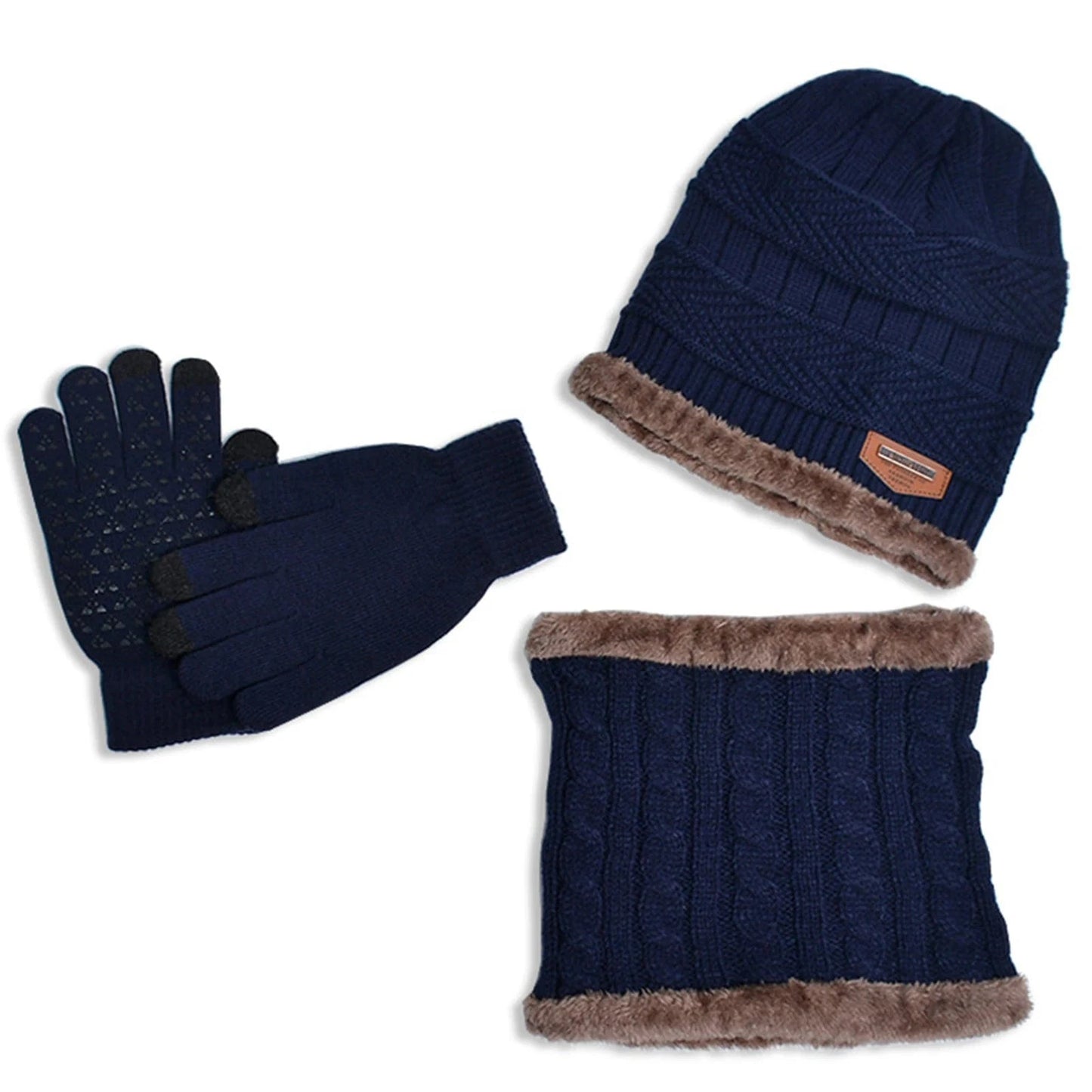 GarbPlanet Navy Blue 3 In 1 Winter Beanie Scarf And Gloves Set