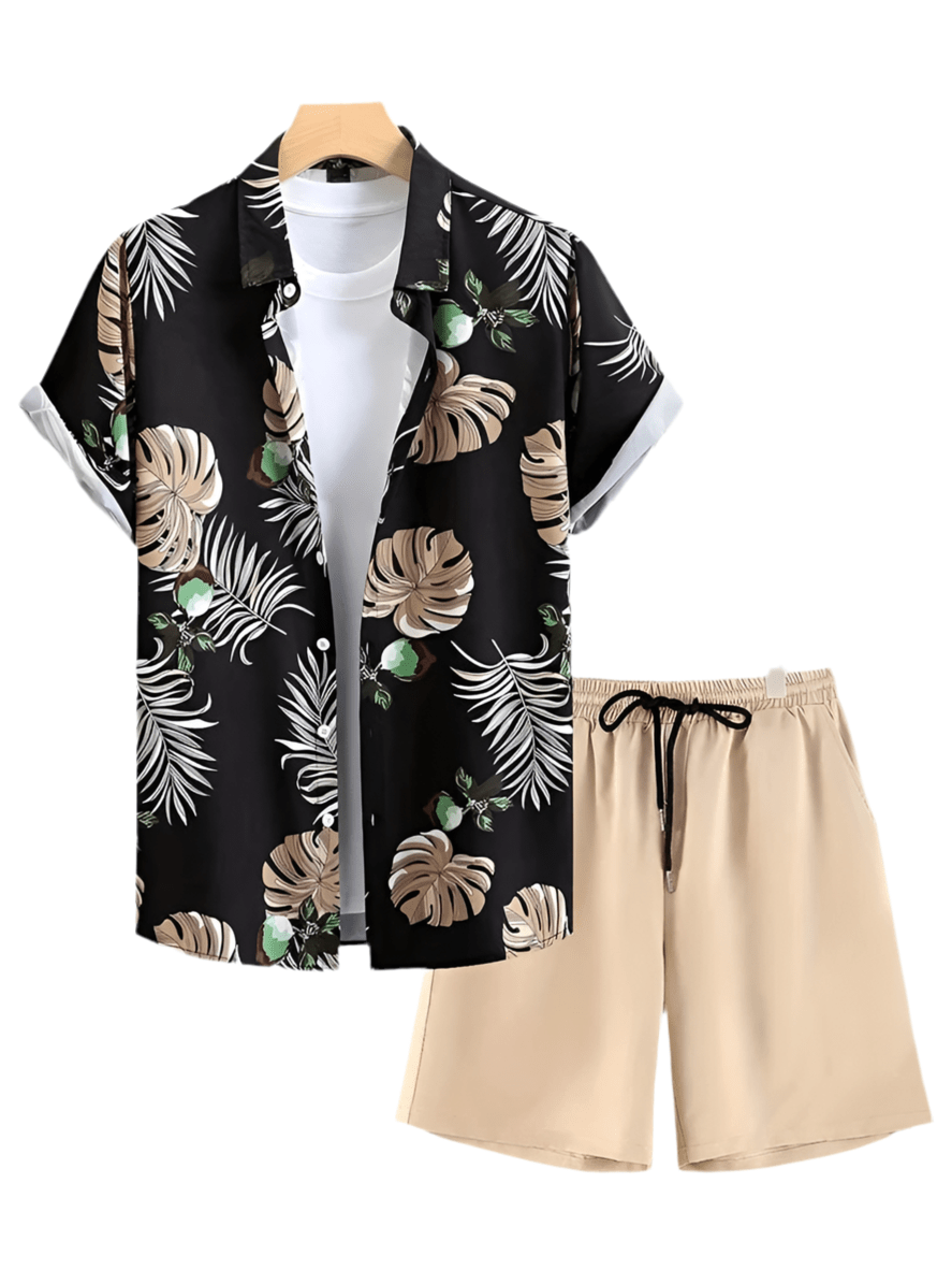 GarbPlanet New Palm Leaf Print Men's Short Sleeve Shirt + Beach Shorts Set Summer Fashion Men's Casual Shirt Hawaiian Men's Sports Shorts