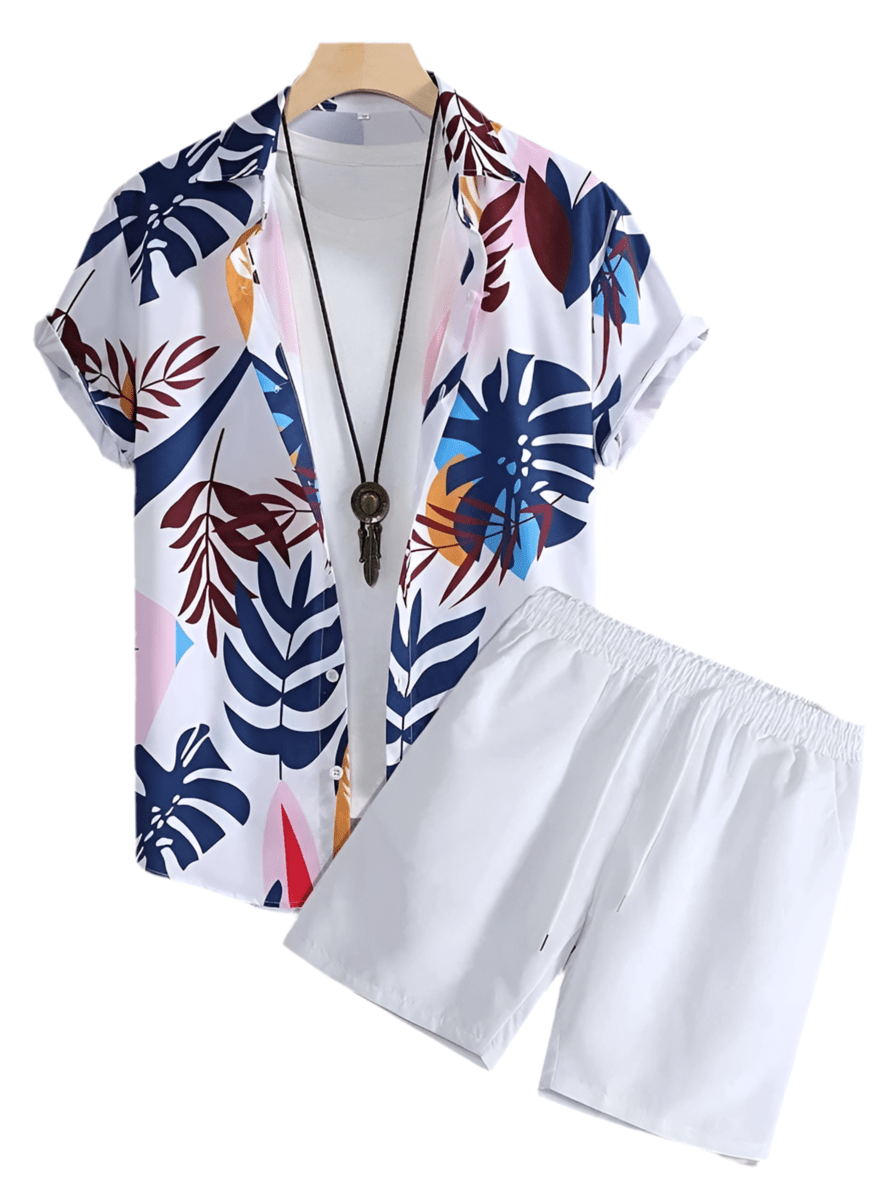 GarbPlanet New Palm Leaf Print Men's Short Sleeve Shirt + Beach Shorts Set Summer Fashion Men's Casual Shirt Hawaiian Men's Sports Shorts