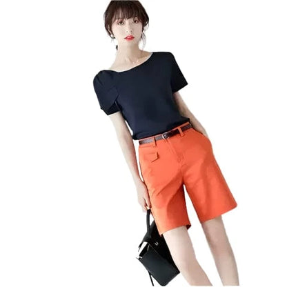 GarbPlanet Orange + Belt / S Women's Tailored Knee-Length Shorts