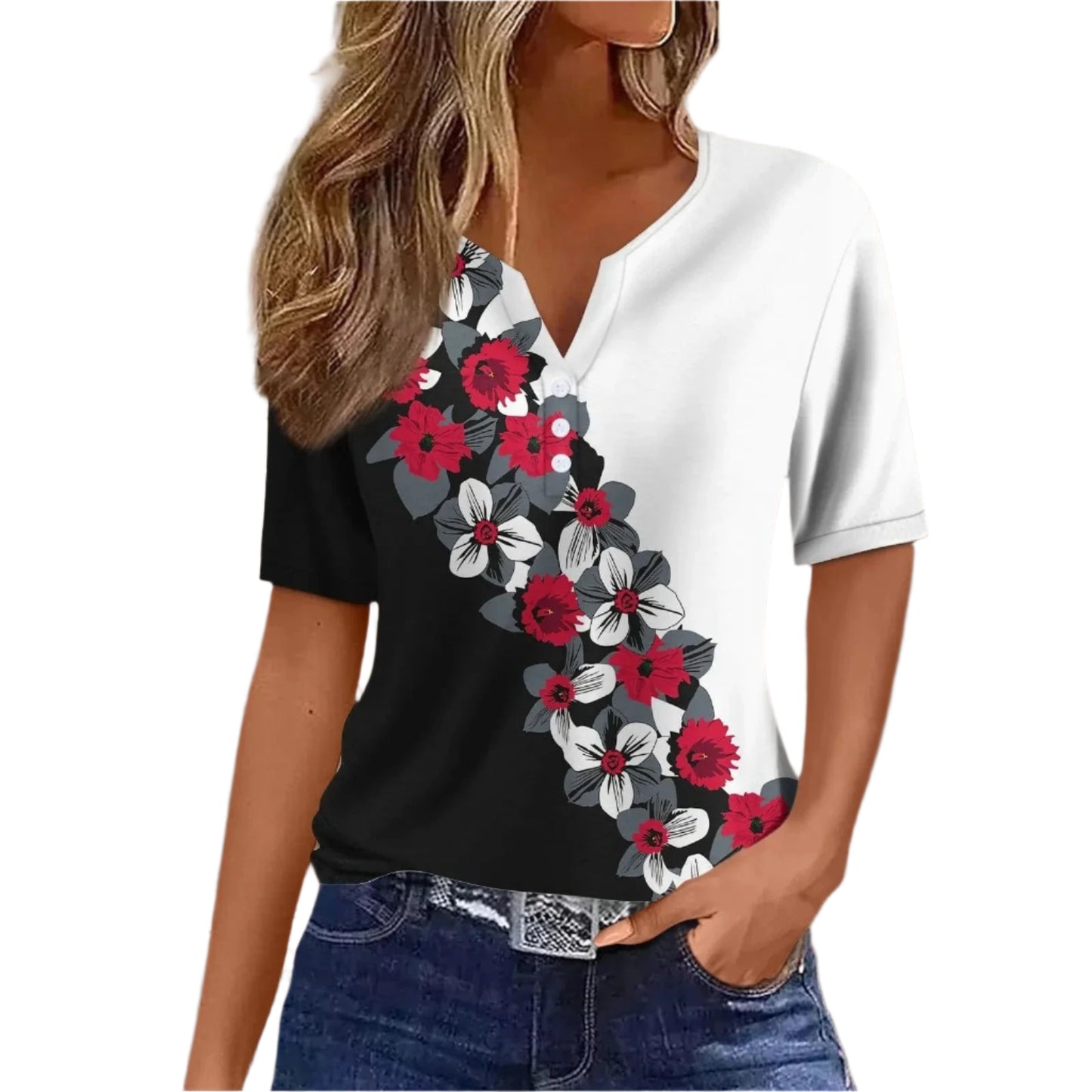 GarbPlanet Red / L 2024 Women Summer Casual T-shirts Fashion Printed Harajuku Top Tees Streetwear Basic Button Short Sleeve V-Neck Tops Plus Size