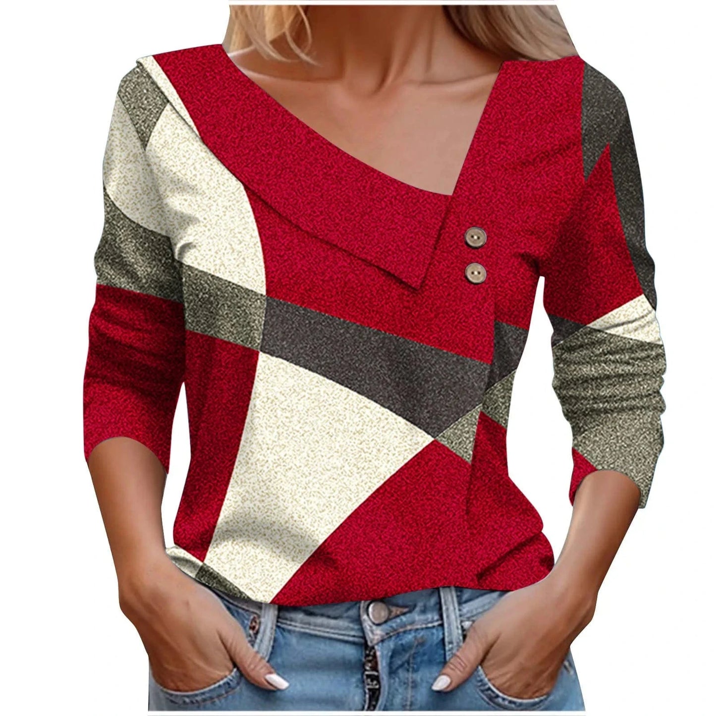 GarbPlanet Red / XXL 3D Geometric Print T Shirts For Women 2024 Spring Autumn Fashion Button Long Sleeve T Shirt Casual T-shirt Tops Office Ladies