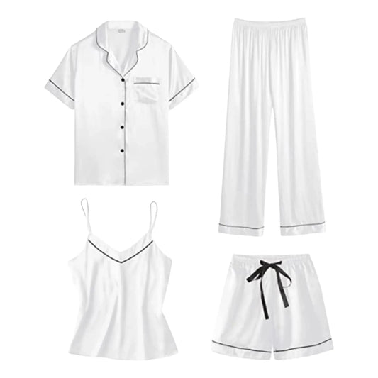 GarbPlanet Satin Pyjamas Women's Short 4 Pyjamas Short Sleeve Sleepwear And Shorts Set Women Sets Nighties for Teens V Neck Full Slip