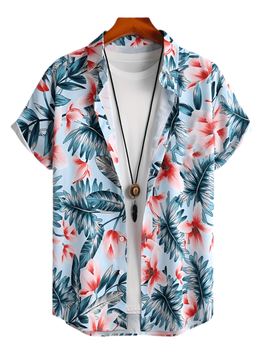 GarbPlanet Summer 3D Palm Leaf Floral Print Men's Lapel Shirt Men's Fashion Streetwear T Shirt Neutral Hawaiian Button Down Shirt Top