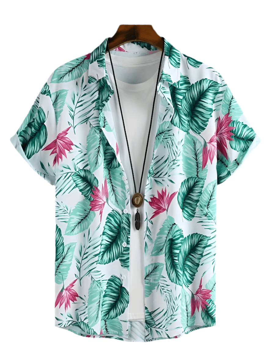 GarbPlanet Summer 3D Palm Leaf Floral Print Men's Lapel Shirt Men's Fashion Streetwear T Shirt Neutral Hawaiian Button Down Shirt Top