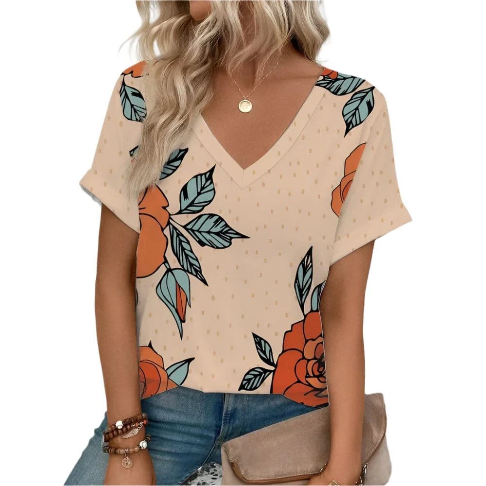 GarbPlanet TEN / S Women's Summer V-neck Stylish T-shirt