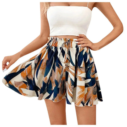 GarbPlanet Women Fashion Casual Shorts High Waist Drawstring Retro Printed Boho Shorts Pants Women Summer Beach Loose Fit Wide Leg Shorts