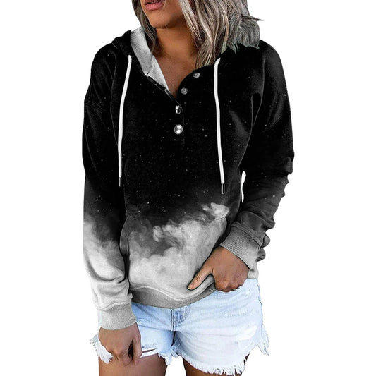 GarbPlanet Womens Hooded Sweatshirt Button Drawstring Hoodie Tie-Dye Gradient Print Sweatshirts Long Sleeve Hoodies Streetwear Sudaderas